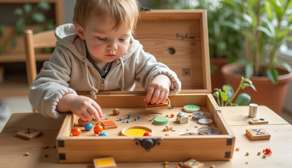 1 playing with a box full of sensory objects with different materials and textures and also has play balls and building blocks in the box