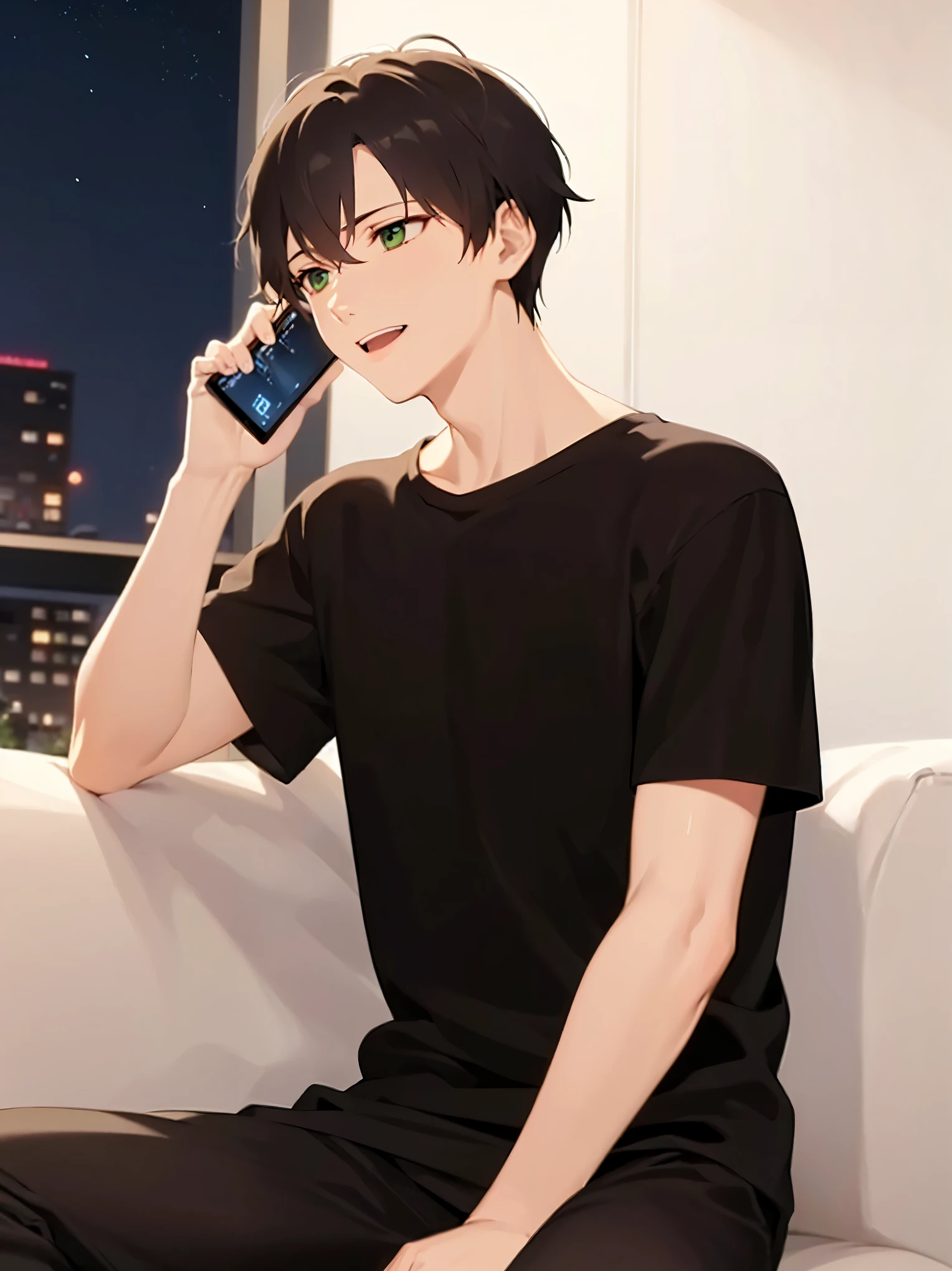 navy sofa, sitting, (at night:1.5), (holding a phone:1.3), , side angle, (looking away:1.5), masterpiece, best quality, Japanese manga style, upper body, (25 year old male: 1.5) and (short brown hair) and (green eyes), BREAK (black T shirt) and (pants) BREAK smile, (surpried:1.2), open mouth, inside a living room, alone,
