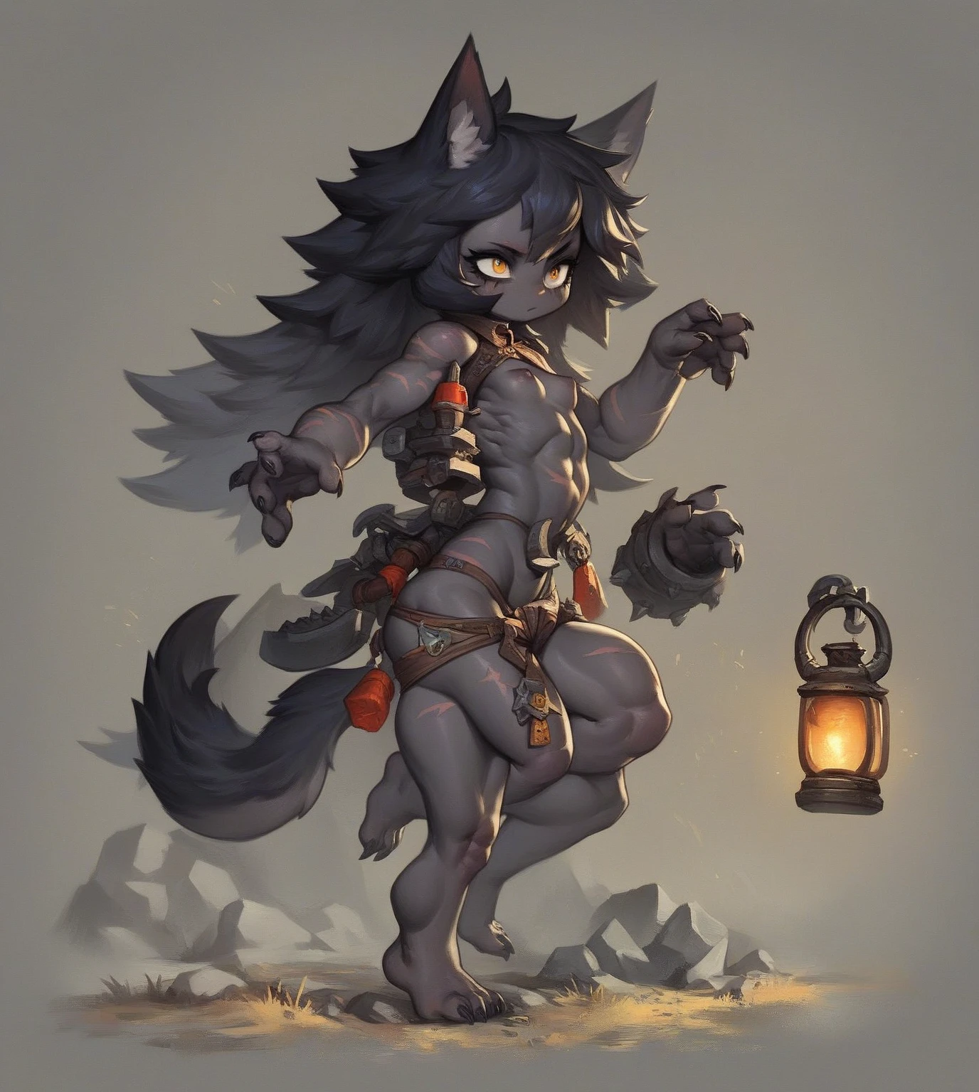 (((by fluff-kevlar, by Zackary911, by Kenket, by Kilinah))), a running ((Kobold antrum, extremely detailed, extremely detailed legs, extremely detailed arms, extremely detailed face, perfectly detailed eyes, perfectly detailed anatomy)), (detailed Kobold)) wearing a long cloak, muscular abs, Kobold black horns, Kobold tail, messy white hair, (orange thigh highs), ((black micro-thong:fire_pattern_design_thong)), shirtless, front view, looking at the observer with an embarrassed smile, blush, perspective, finely detailed paws, punk style, adventure backpack, perfect drawn eyes