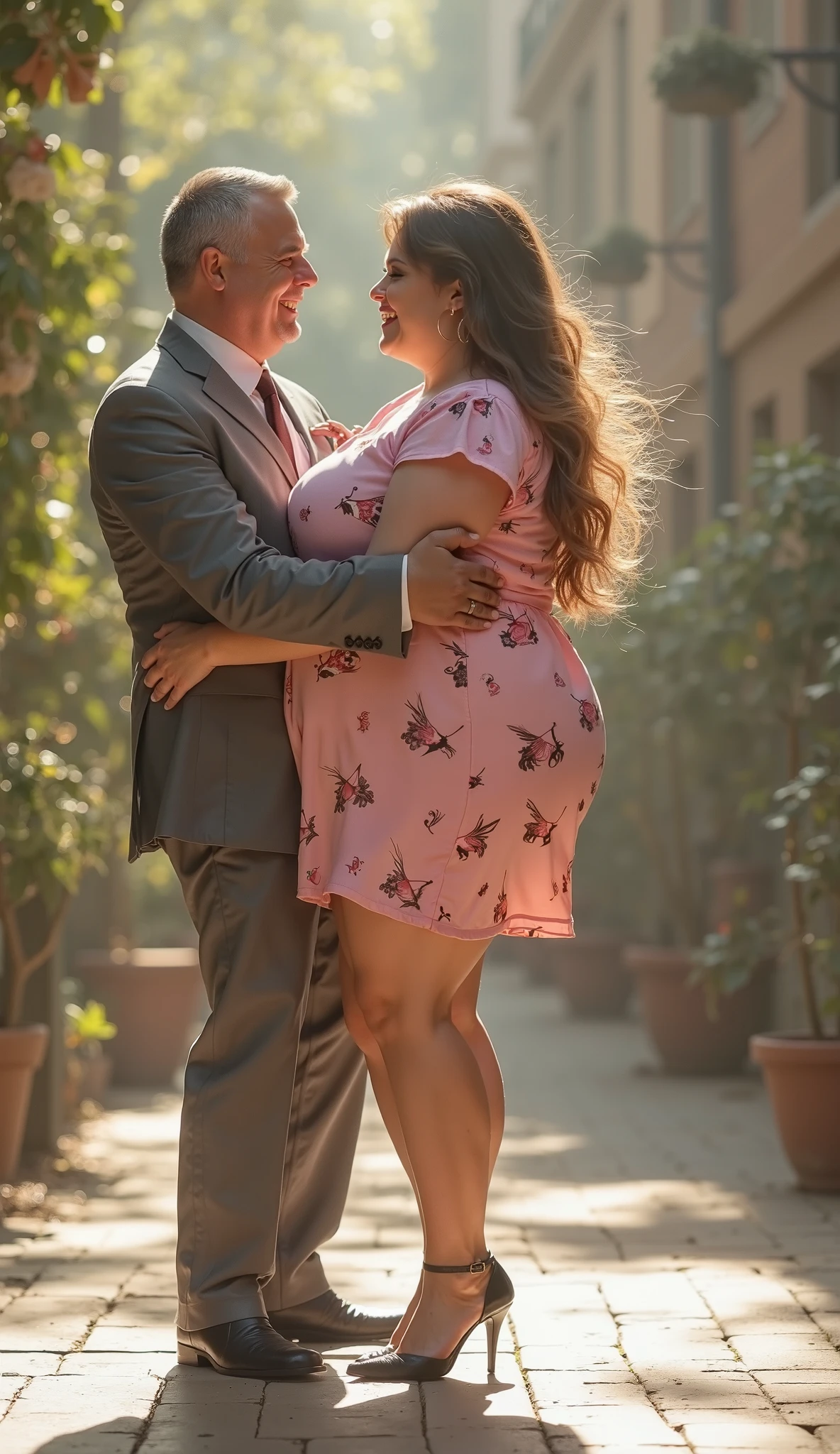 Hyper realistic photograph, Attractive woman, huge breasts:1.4, slim waist, wearing a blouse and a very long skirt, ((devotedly kissing with a handsome man))