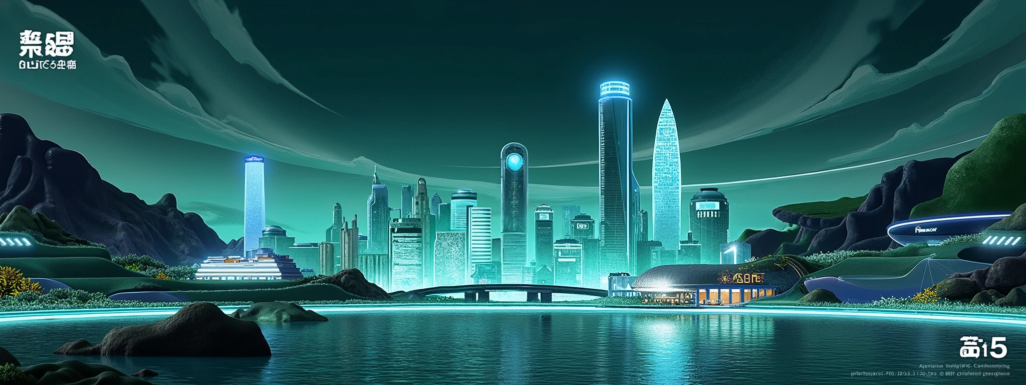 Teal,line,Skyline,Full range projection,night,Dark Tones, Technological Background , surreal scene