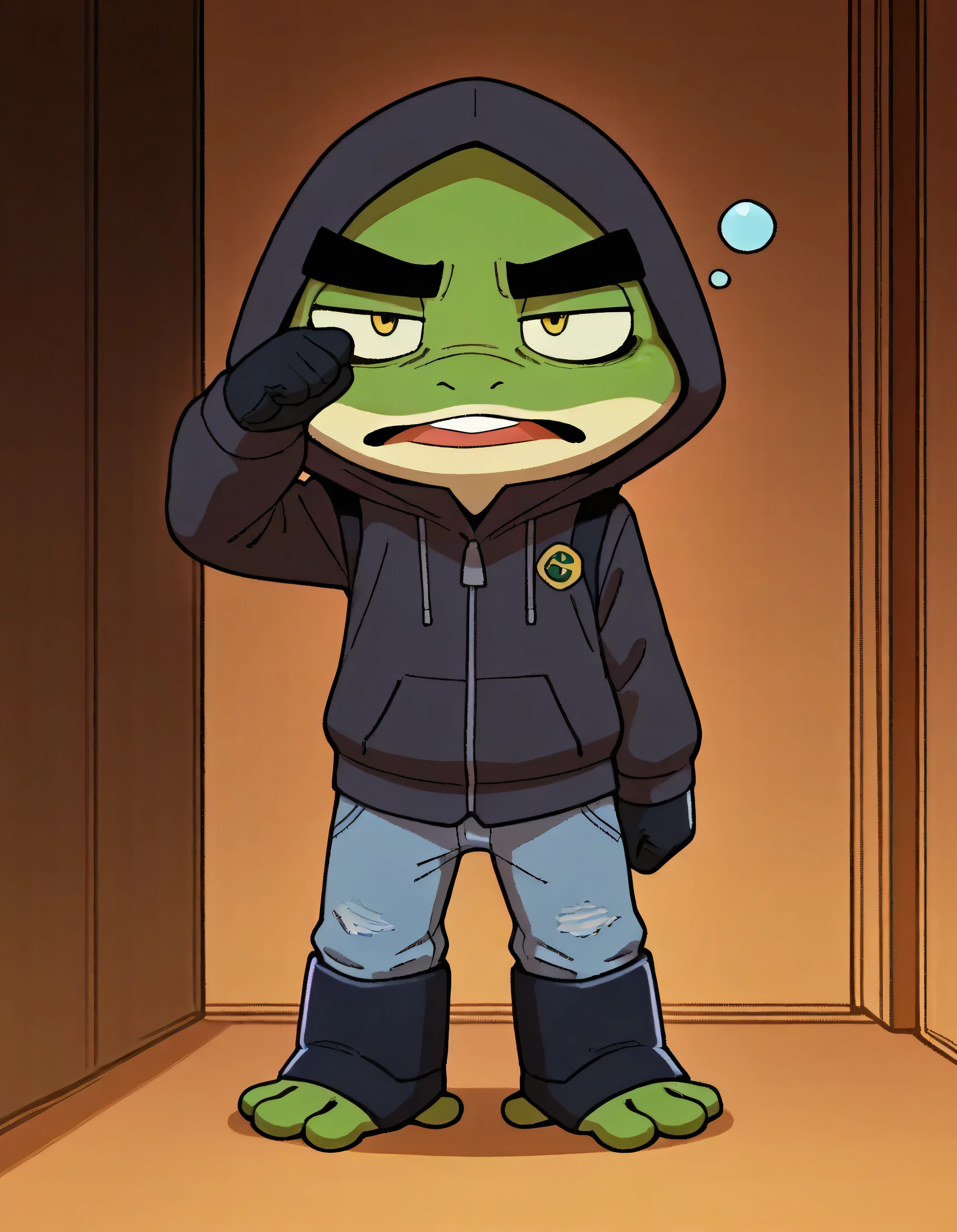 score_9_up, score_8_up, score_7_up, score_6_up, ,high quality, detailed, best quality, anime, smooth detail, (background: Streets), solo, rating_safe, source_furry, (FBF:1.6), chibi, lora FBullfrog,frog, tail, green shiny smooth skin, 1boy, kawaii, detail eyes, thick eyebrows, short snout, (outfit: black_hoody, pant jeans, wearing gloves and boots), (toony detail impressions, sleepy), (sneaky, crawl, poses), (open mouth, small teeth),