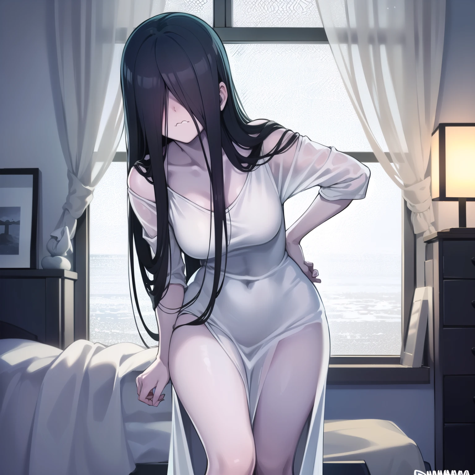 1girl, Solo, HD, Accurate, Pouts, Cute Pose, Soft Lighting, Blurred Background, Close-up, (Bedroom: 1.3)(Night Sky: 1.2) Looking at viewers.
-
(female: white dress, yamamura sadako, pale skin, hair over eyes: 1.4)(pose: standing with embarrassed: 1.3)
