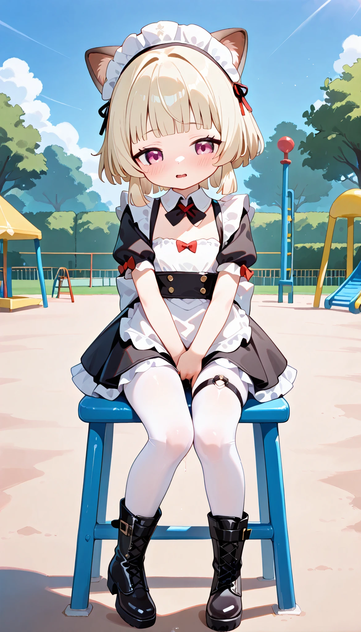 1girl,li,white_pantyhose,thighhighs_under_boots,leg_garter,leather,tight,lace-up_boots,fingering,maid,embarrass,hands_on_lap,playground,sayu (genshin impact