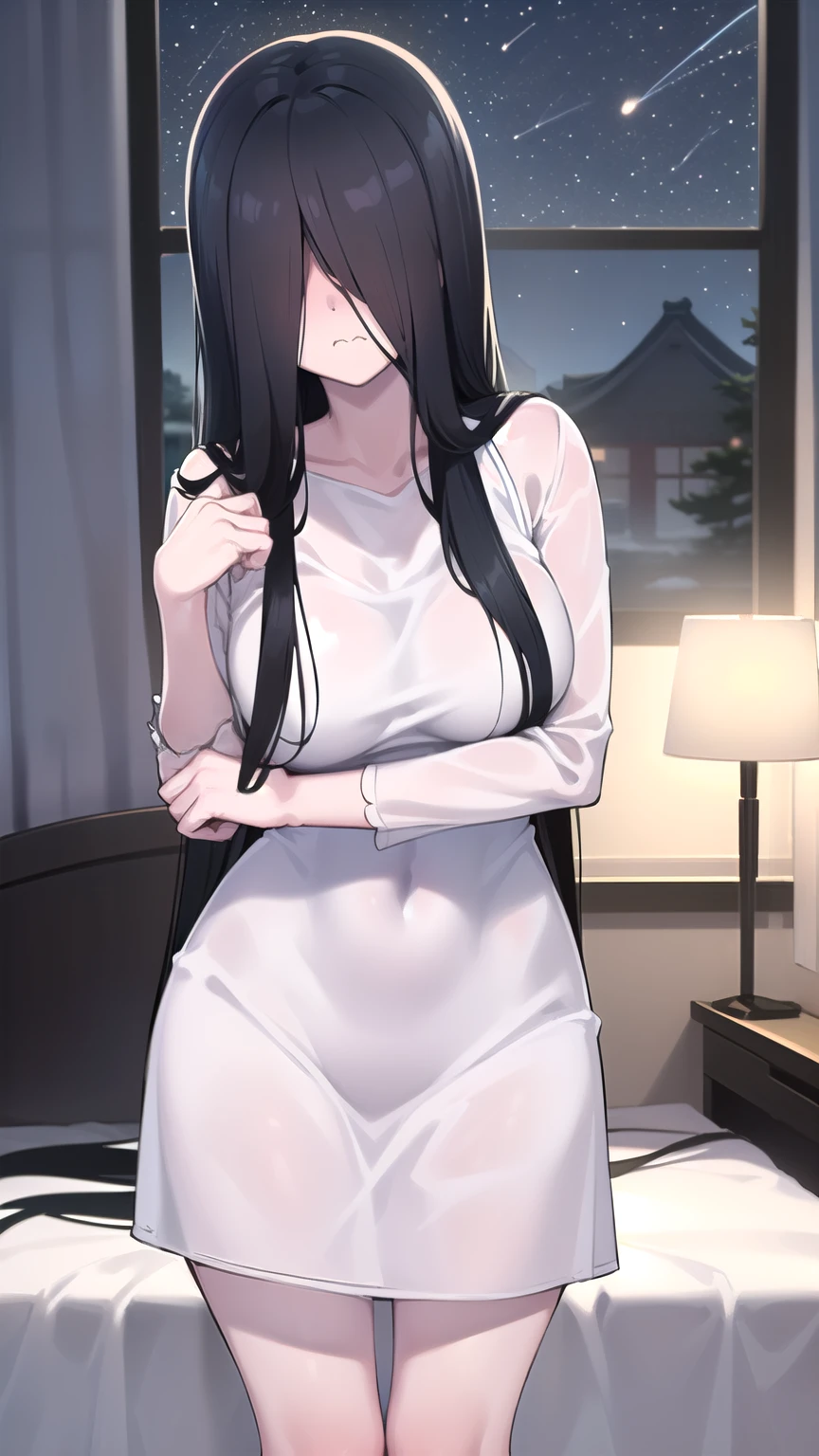 1girl, mature women,perfect ,black hair, long hair, (hair over one eye:1.4), messy hair, hair between eyes,plump, saggy breast, pajama, cute shy blush on , bedroom