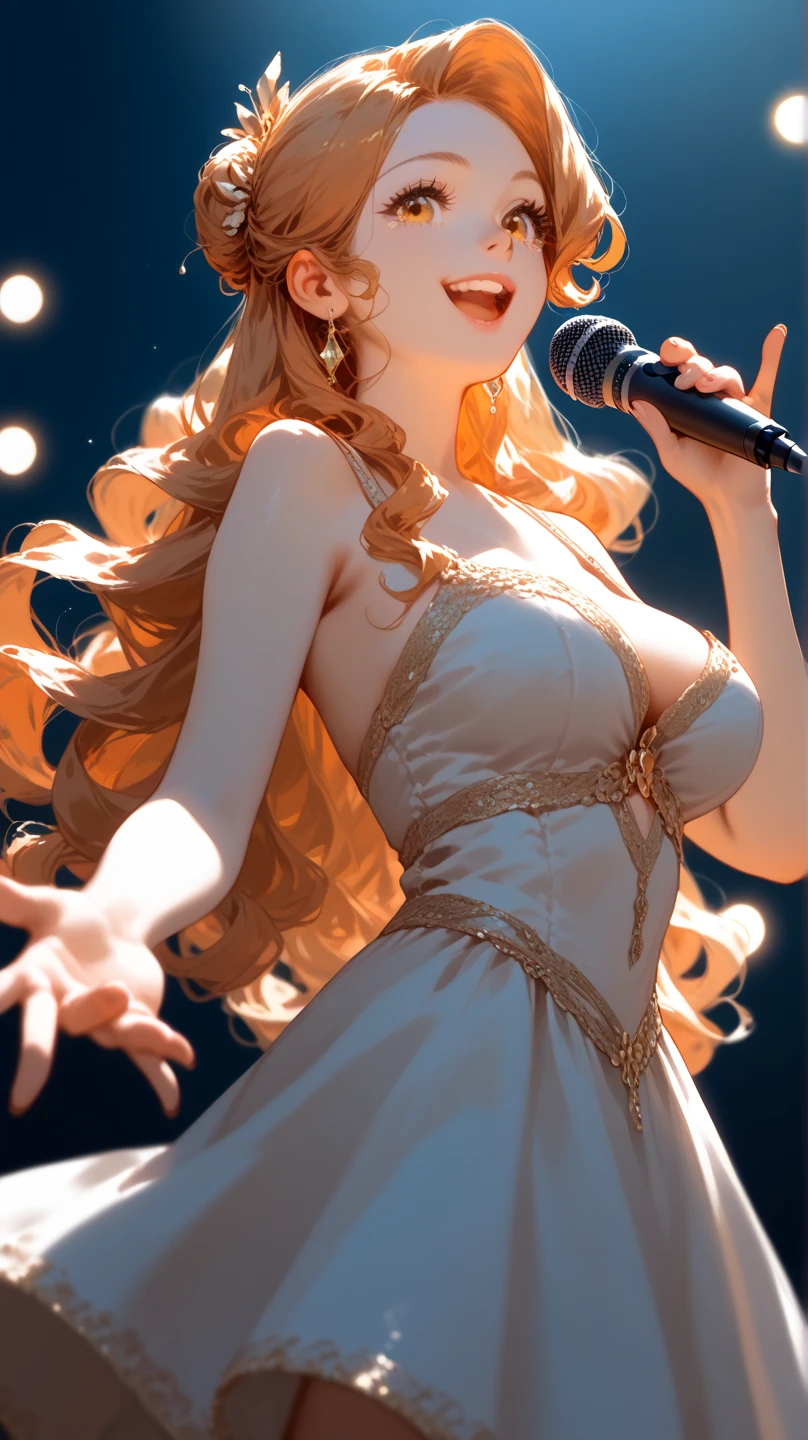 a beautiful woman singer with long wavy blonde hair wearing a long black sparkling dress with a side slit, a crown on her head, holding a microphone, singing a lyrical song, detailed face and eyes, highly detailed, photorealistic, 8k, masterpiece, dramatic lighting, cinematic, elegant, feminine