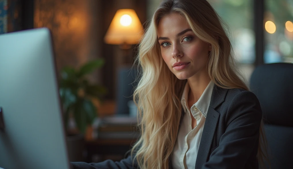 Blonde bombshell , ponytail hair, wearing a large white tshirt, sitting on an office in a hotel room a closeup photo