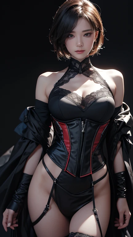 (digital painting),(best quality), masterpiece, 8k resolution, (dark mood background:1.4), dark fantasy, anime girl, one girl, solo, beautiful girl, ecchi, goth girl, pale skin, big breast, beautiful breasts, seducing, (yandere: 1.2), detailed lips, beautiful lips, red lips, big eyes, (red eyes:1.2), glowing eyes, (very detailed eyes:1.4), cute girl, short hair, black hair, crown, (thighs:1.4), dramatic lighting, deep shadows, (wide angle lens distortion:1.2)
