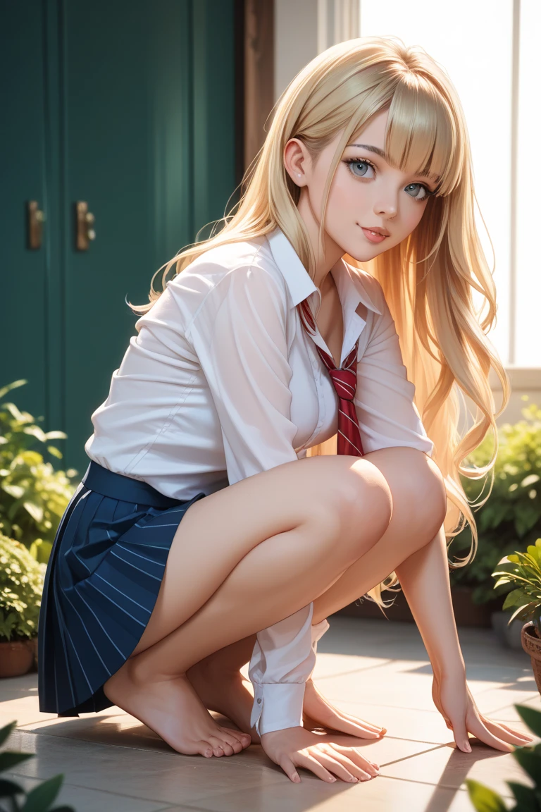 a mature woman,, make up, red lips, sport bra, jeans shorts, white sneakers, tatoos, blonde hair, twin tails, high-leg panties pink, tattoo, photorealistic, detailed, high quality, long skinny legs, tall, skinny, smiling, ?????, nipples, bartender, relaxed, chill, blue eyes, small breasts, mini tits, super skinny legs, white shoes on, wearing chekered white jacket