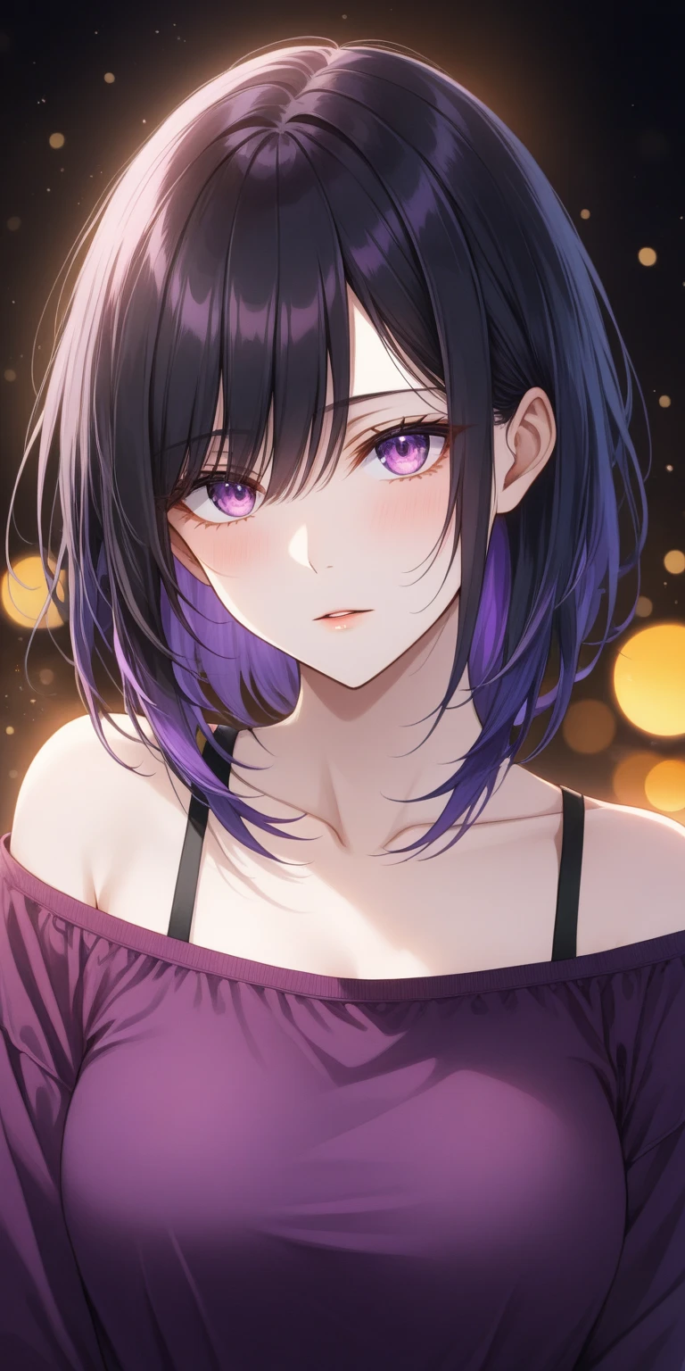 anime girl Anime style, White pale skin, porcelain skin, purple eyes, (HAIR:Black hair with purple highlightBlack hair with purple highlights, long to the collarbones, no fringe ) seductive anime girl, ,best quality, 4k, 8k, highres, masterpiece:1.2), ultra-detailed, HDR, UHD, studio lighting, ultra-fine painting, physically-based rendering, extreme detail description, professional, vivid colors, bokeh