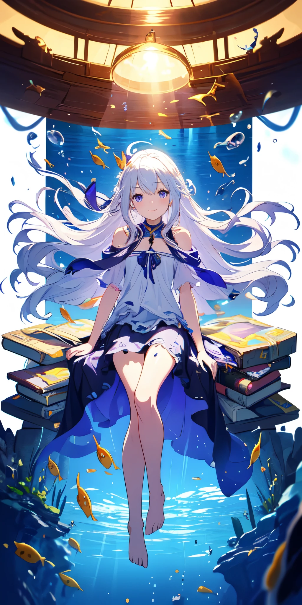 [(Transparent background:1.5)::5],(((Masterpiece))),(((Best quality))),(((Extremely detailed))),illustration, 1girll,Solo,mysterious,vivd colour,Shiny, Underwater transparent sealed hemispherical glass dome, (White hair),(Purple eyes), full body,Barefoot,Long hair tranquility nature, Koi,Underwater, Dome,Close up,Dynamic actions,Lens perspective,(((Box composition))),sitting cross-legged，Leaning against the bookshelf, voluminetric lighting, multi colored eyes, Detailed eyes, ultra - detailed,Light smile, Highly detailed, Beautiful, small detailed, Ultra detailed, Best quality, Intricate, 4K, 8K, trending on artstationh, Good anatomy, Beautiful lighting, Award-winning,Barefoot，The short skirt reveals white panties，There is white slime on the panties