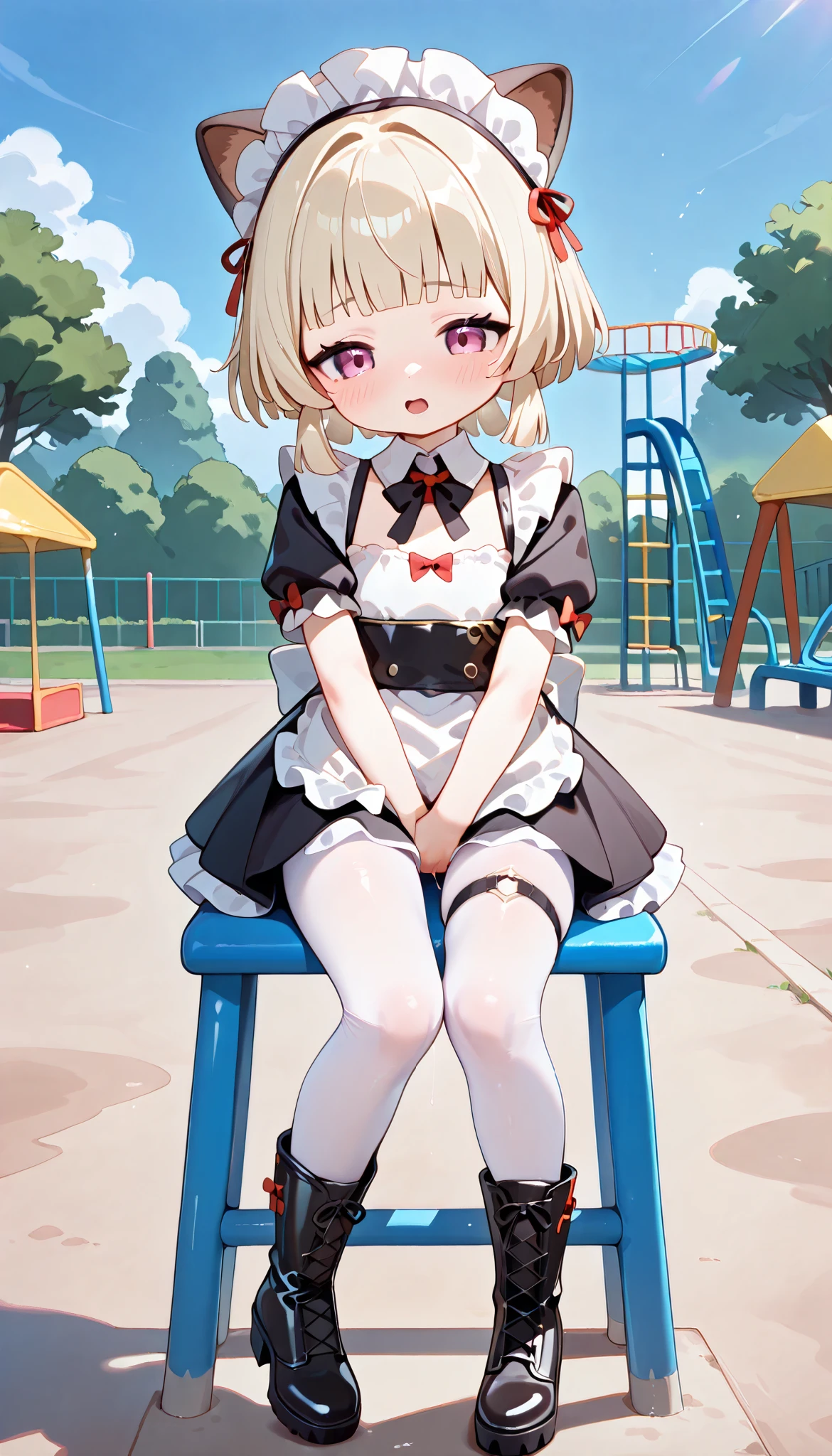 1girl,li,white_pantyhose,thighhighs_under_boots,leg_garter,leather,tight,lace-up_boots,fingering,maid,embarrass,hands_on_lap,playground,sayu (genshin impact