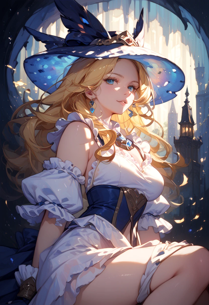 masterpiece, masterpiece, top quality, best quality, 8k wallpaper, official art, very detailed CG unity 8k wallpaper, super detail, high resolution, super detail, amazing, fine detail , eyes and face are very detailed, beautiful eye details, Ultra detailed and beautiful, 1 girl, bright light blue eye, short blonde hair, doll on the head, holding a magic staff, spellcaster, magic spell, magic circle, stellar background, blue school uniform, medium breast, see through, skirt, big thigh, stockings