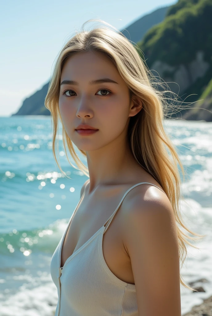 best quality, masterpiece, ultra high resolution, (realistic:1.4), RAW photos, 1 woman, blond hair, formal updo,glowing skin, dramatic lighting,(laugh:1.2), palm tree, sunny weather, Beach, palm tree, sunny weather, Beach, palm tree, sunny weather, Beach, palm tree, sunny weather, Beach