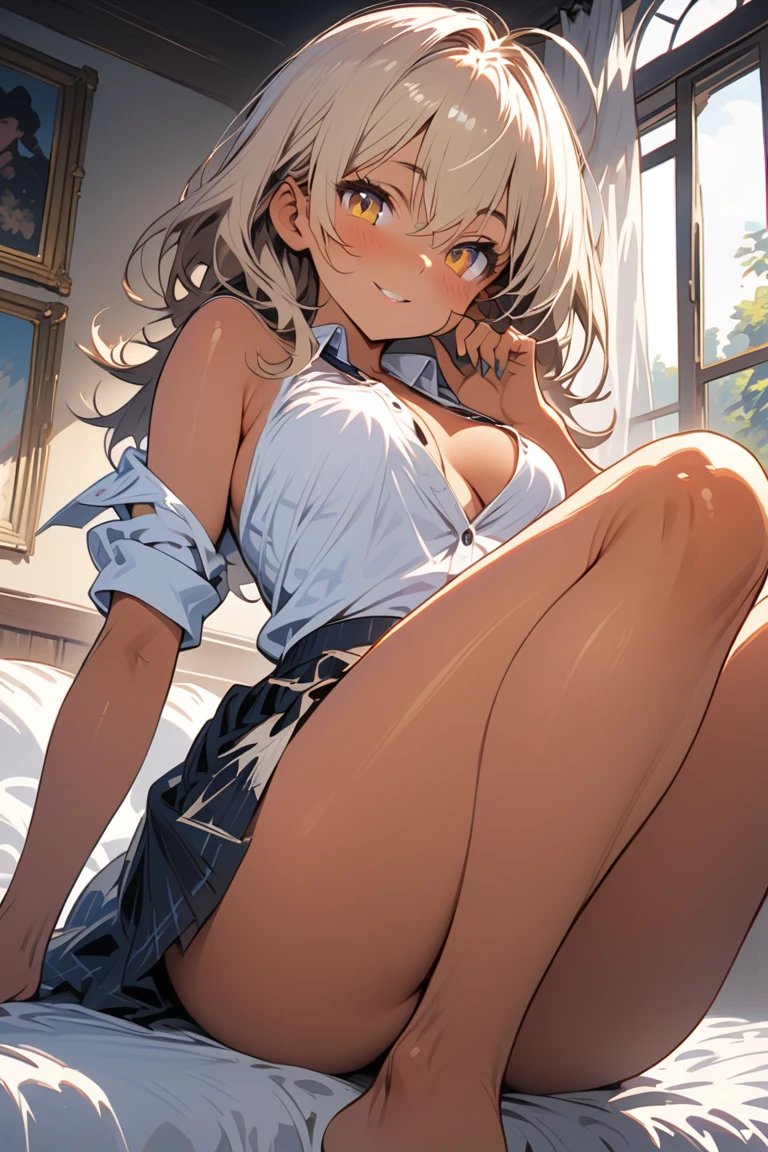 nsfw,masterpiece,ultra detailed,8k,cleavage,school cardigan,(short plaid pleated skirt),detailed face,eye lighting,adult curvy body,(tanned skin:1.1),(japanese gyaru),,cute face,silver panties,lying on back on floor,knees up,carpet,painted toe-nails,makeup,at messy private room,messy room,left clothes on floor,wardrobe,desk,medium hair,blushed and happy,thick thighs,(upskirt)