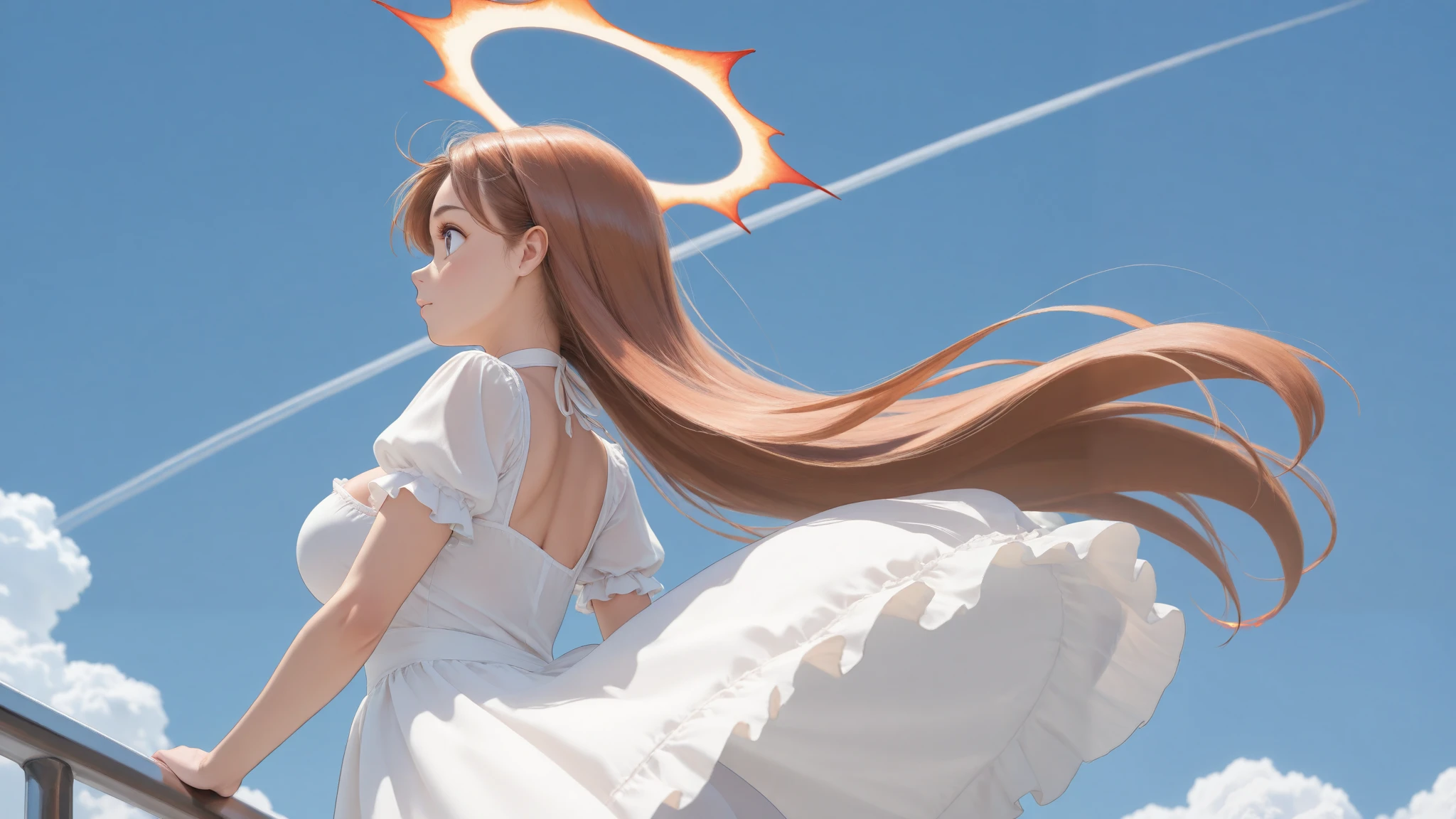 (best_quality, masterpiece:1.2), (highly detailed), (uhd, high_resolution, highres), female, (li), floating in air, floating dress, white dress, frills, black frills, large breasts, floating long hair, brown hair, mary poppins, large halo, flame halo, solar waves, windswept, blue sky, 