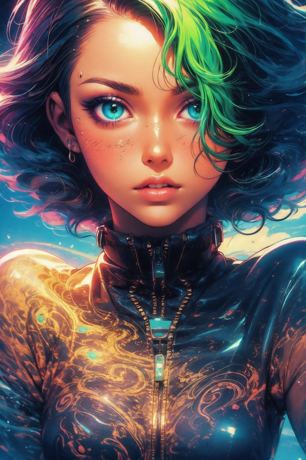 neon color, 1 girl, closeup face, Short green hair, abstract, realistic, (high quality), the girl on the left, (Vapor Wave)