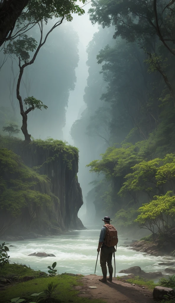 "A lone explorer, dressed in early 20th-century gear, stands at the edge of a jungle river, staring at ancient stone ruins partially covered in vines. In the distance, strange markings on the ground hint at a forgotten civilization. The scene has a sense of adventure and mystery, with thick mist and the sounds of the wild echoing through the dense jungle."