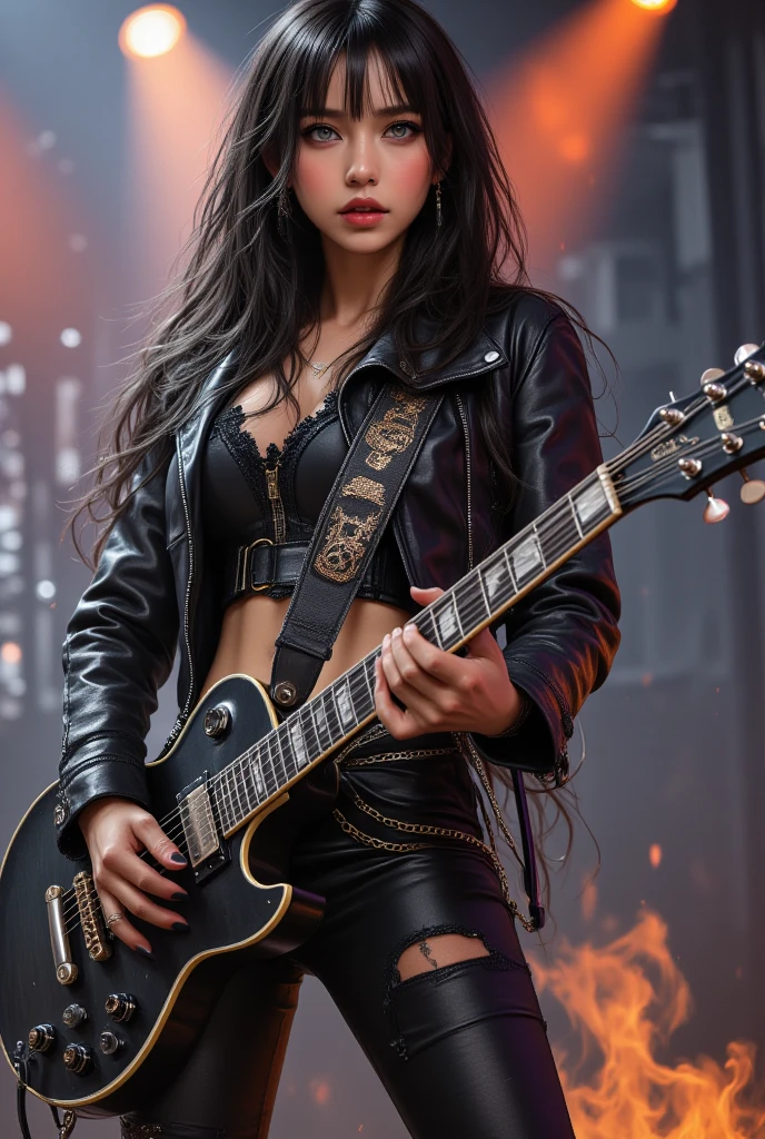 80s European Woman Metal Singer, long black hair, sunglasses, big chest, dark jeans, rivets, pants, belts, plays white and black guitar. full body.