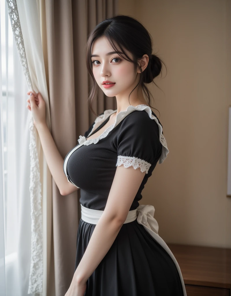 (masterpiece, highest quality, Realistic, High resolution, photograph, :1.3), Sharp focus, 1 Cute Japanese Girl, Auburn crown braid hair, Pale skin, Dark red lipstick, Black eyeliner, Black Eye Smoke, Bedroom, Black and white frilly French maid uniform, Maid Bonnet, black satin choker, Cross your arms