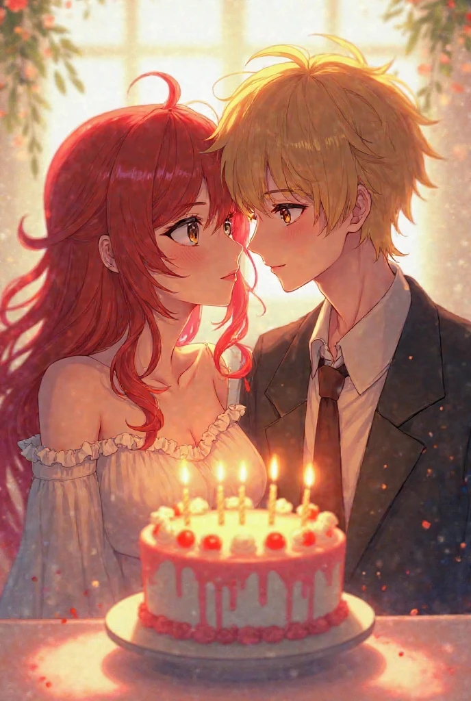 Anime woman with red hair and brown eyes and blonde anime man with amber eyes full figure with birthday cake