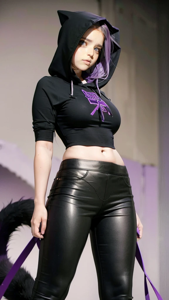 Goth girl, dark hair, black lipstick on her lips, purple eyes, big breasts, black hooded sweatshirt, black micro skirt, look at the viewer, fair skin, big hips.