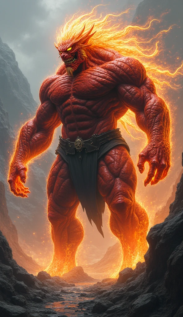 Imposing titan red violet and black colors,with lightning and fire and black smoke around