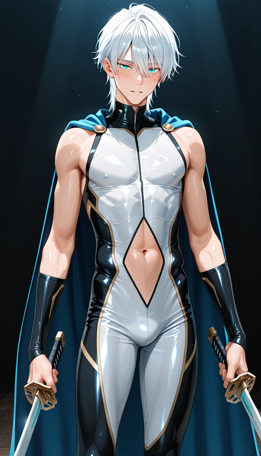(Browsing Caution:1.3), Highest quality, (1 beautiful man:1.8), With fair skin and captivating blue eyes, (Wrap Harness Fashion Art, Glossy and Glossy Theme:1.8), (Oily skin, Shiny skin, Wet Skin, Moisturizes the skin, Skin glowing with oil), Detailed face, Big eyes, Very small face, Fine grain, Big eyes, double eyelid, Sparkling Eyes, (No sleeve, Beautiful triangle and geometric patterned rubber, Micro Thong:1.4), (Complex cutouts:1.3), (stomach skin:1.6), (Composite thin rubber tight harness, Elastic harness that wraps around the body, suspenders:1.6), (Wide range of harness accessories:1.4), (High leg rubber stockings:1.2), looking viewer, Flesh sticking to clothes, (Abdominal muscles:1.2), Bold exposure、(Oily skin), (big muscular ass, Exposed buttocks:1.2), Captivate your audience, Random sexy poses, Adopt a curvaceous posture, Club private room