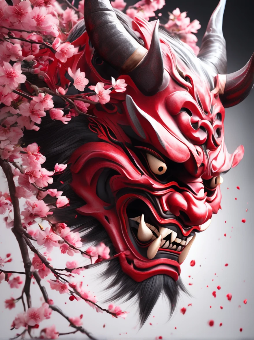 Cat hannya samurai mask red orange waves chrysanthemums 