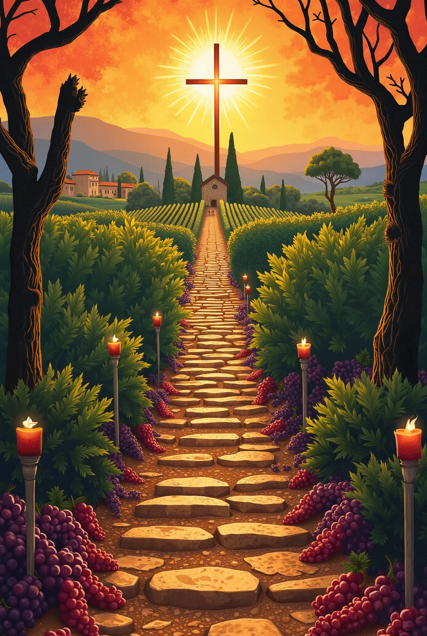 "Create a poster that harmoniously and artistically combines two main themes: Holy Week and the designation of CARIÑENA as European Wine City this year. The design should reflect the religious and solemn essence of Holy Week, with elements such as processions, steps, candles, crosses or Christian iconography, fused with viticultural symbols such as vineyards, grapes, wine glasses or barrels. It uses a color palette that evokes both spirituality (Dark tones, golden, purple) such as the richness of wine (deep reds, greens, golden). It includes details that represent the culture and tradition of Cariñena, and its characteristic landscape or local architectural elements. The artistic style can be realistic , with impressionist or symbolic touches, while always maintaining a balance between religion and viticulture. The poster must convey emotion, tradition and local pride ."
