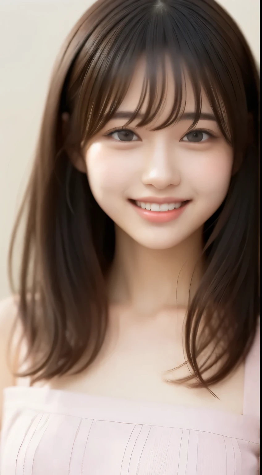 Best Quality, masutepiece, 超A high resolution, (Photorealistic:1.4), Face up、macro raw photo, 1girl in, KーPOP Idol, long, Indoor, 、Detailed eyes,(realisticeyes),delicated face,realsKin,detailed hairs,Detailed sKin,Beautiful face,((Smiling))、Showing teeth and smiling、Happy smile、