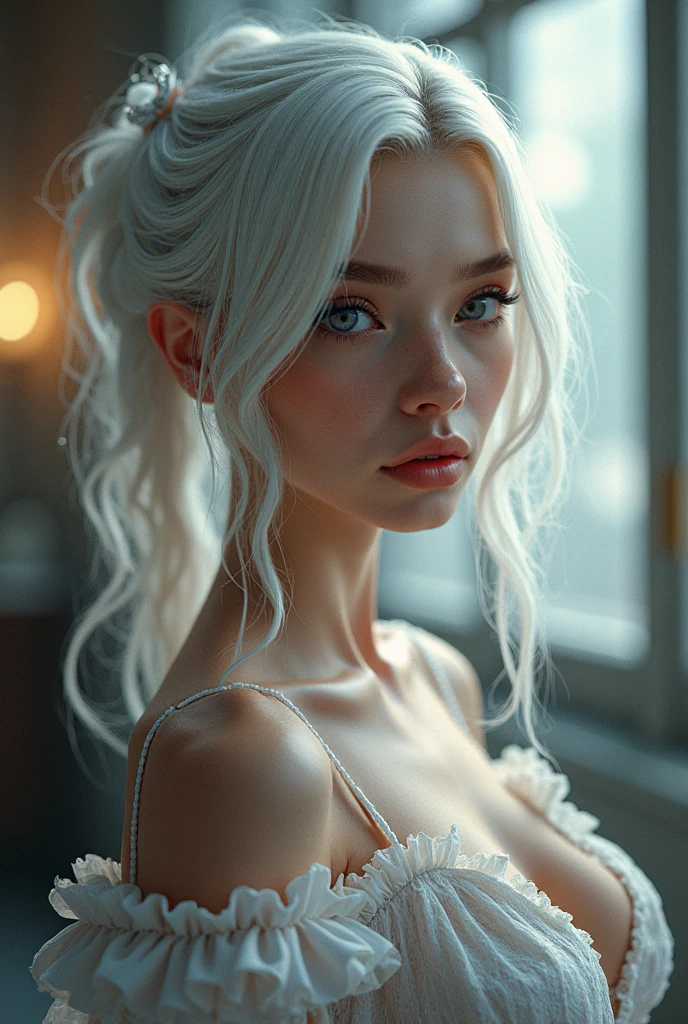 A Russian girl with a perverted and playful face looking at the camera. With a transparent dress that shows off her breasts and nipples. White hair