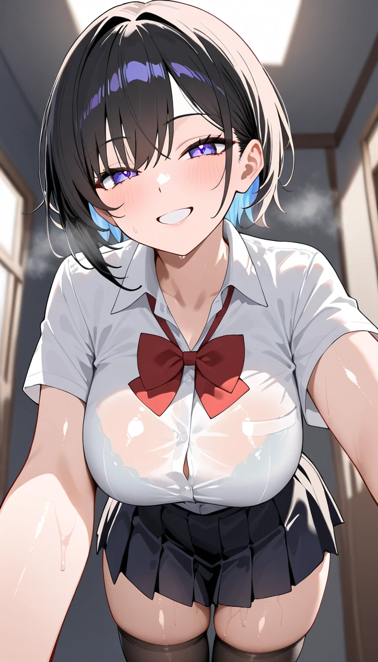 (HD), (8k), (Ultra high quality), (Ultra High Quality), (Ultra High Resolution), Very detailed, girl, One Girl,  cute, (Large round eyes, short hair, Black Hair, Smooth hair), high school student, Light-filled eyes, (uniform), (Polo shirt), Spread the chest area of your clothes with both hands., (Cleavage), Ridiculous, Cowboy Shooting, blurred, girlに焦点を当てる, girlを拡大して近づく, girlを真正面の上から見る, Tears in the eyes, Open your mouth, What saliva leaves behind, (naked, 全naked), Beautiful breasts, (Medium sized breasts), (Nipples are visible), (Female genitalia is visible), (Pubic hair is visible), Plump round nipples, Big and thick nipples, bristle pubic hair, (Detailed female genitalia), Wet skirt hem, Lovely, A lot of sticky fluid from the vagina, Sweat, blush, Embarrassing, (Move your underwear so that your private parts are visible), (Lift your legs up and bend your knees, Spread your legs, Spread the genitals), (spread legs,legs up, hold own tyinghs, lying), School, Classroom Background, (Sit on a desk), student, Red tie, White socks, Thighs, Bodyline