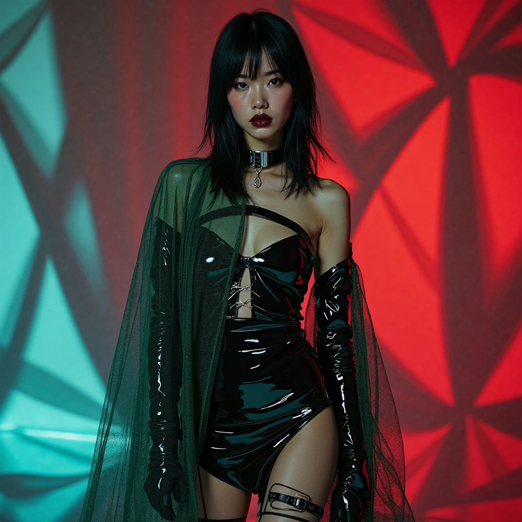 Basement, wet, Kneeling, Hands resting on thighs, ((bound arms, restrained, ((((rope)))), tied up)), (((((((Black leather))))))), ((crop top, long sleeves, pencil skirt, ((goth)), knee boots)), white thigh socks, Slightly happy, Short hair, (((white hair))), ((white hair with ((blue tips)))), blue dye, ((((((green eyes)))))), ((small breasts)), best quality, high-res, masterpiece, 8k, (((mature, woman))), solo, 1 girl, ((black makeup, eyeshadow))