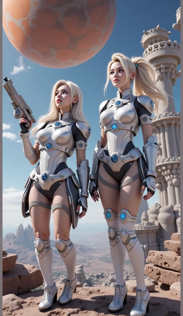 Supergirl, 29 years old, (((1girl))) ((( SelenaGomez:Jennifer Lawrence:0.7))), Beautiful woman (((shoulder length wavy blonde hair)))(bangs:1.2) defined body, Red lipstick, smiling slightly, hands free, standing, (( white, light grey, dark grey camouflage futuristic armor with matching heels, with pleated skirt)), snow covered field, daytime (huge_breasts:1.3) (curvy:1.1)(chubby:1.1)