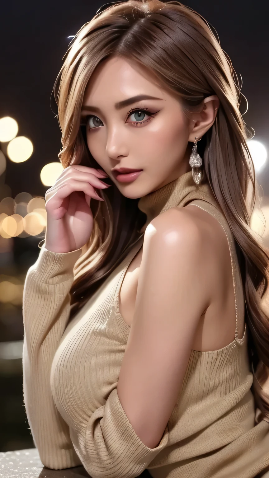 ( cowboy shot 、 top quality 、8k、 Award-winning work 、 Ultra High Definition )、 beautiful woman under hoodie、( I'm showing off my perfect body in Virgin Killer Sweaters , Sexy Breasts:1.1)、 Beautiful shiny lips , feminine glamorous body , ( Virgin Killer Sweaters :1.3),(( gray turtleneck sleeveless dress 、 Cup Bust、 wrists seen through cuffs {x} Cup Bust、 chest tank top visible from the side ,Perfect big 、( blond with a big face:1.1)、 Brilliant Color Contact Lenses 、 PERFECT GAL MAKEUP、 Shine 、 Sexy lips in duck mouth、( dark makeup for women with 5 fingers :1.2)、( Show off my perfect body with a dark brown beige eye circulation reference :1.1)、 beautiful bright eyeshadow 、 dark makeup 、( Big Breasts:1.2)、 Very Long Wavy Hair 、(Romantic affection:1.1)、 、( Many women highlight their body lines ....:1.1)、( strongly blurry 、 Vividly expresses the luxury hotel pond at night :1.1)、( strongly blurry background:1.1)、 accurate anatomy 、 ultra hd hair、( Ultra High Definition perfect beautiful teeth:1.1)、 Ultra High Definitionの美しい顔 、 ultra hd hair、 crystal clear bang 、Ultra HD Shining Eyes、Shining Ultra High Definition beautiful skin 、 Ultra High Definition glossy lips 、 Harry Winston's Necklace