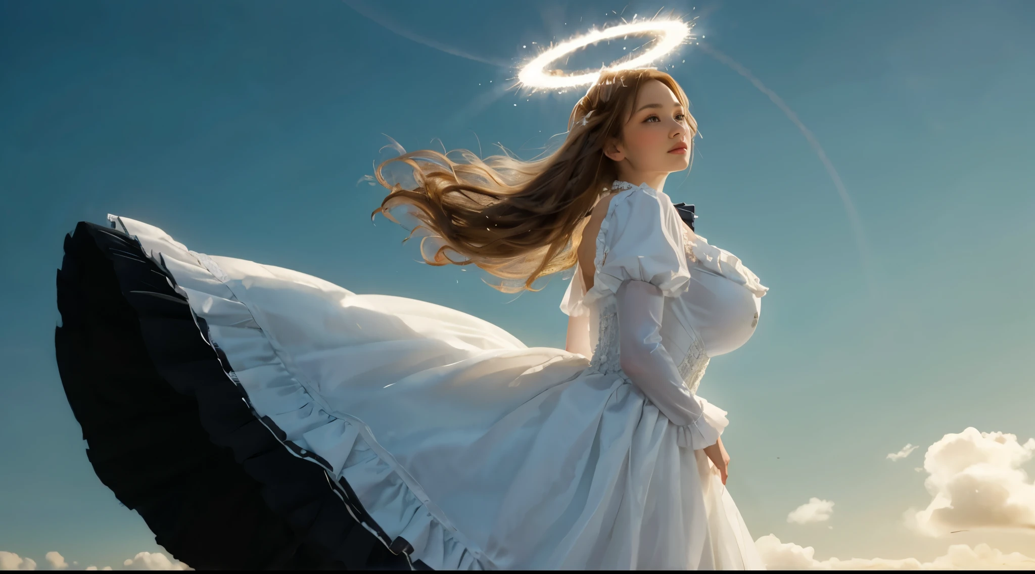 girl, floating in air, floating dress, white dress, frills, black frills, (gigantic breasts), floating long hair, brown hair, mary poppins, large halo, flame halo, solar waves, windswept, blue sky,