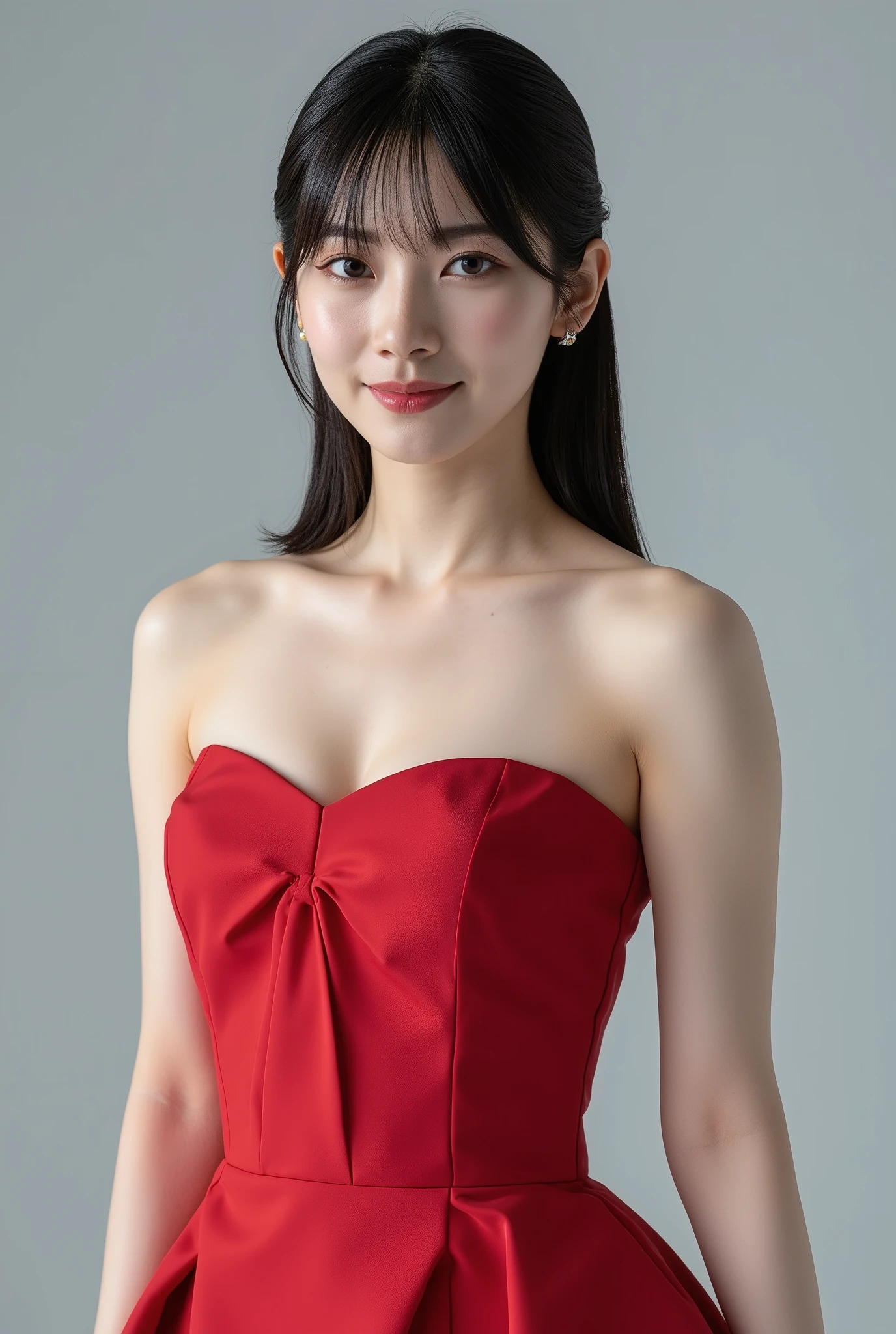 Create a stunning portrait of a very beautiful Japanese actress. She is wearing an elegant costume and has a slim figure with a small bust. The setting is a professional photography studio, where she stands confidently. The lighting is cinematic, enhancing her features and creating a bright, clean look, as if shot with a white reflector. Her medium-length hair is styled neatly, adding to her refined appearance. The overall image should be luminous and visually striking, capturing the essence of a high-quality, film-like photograph.