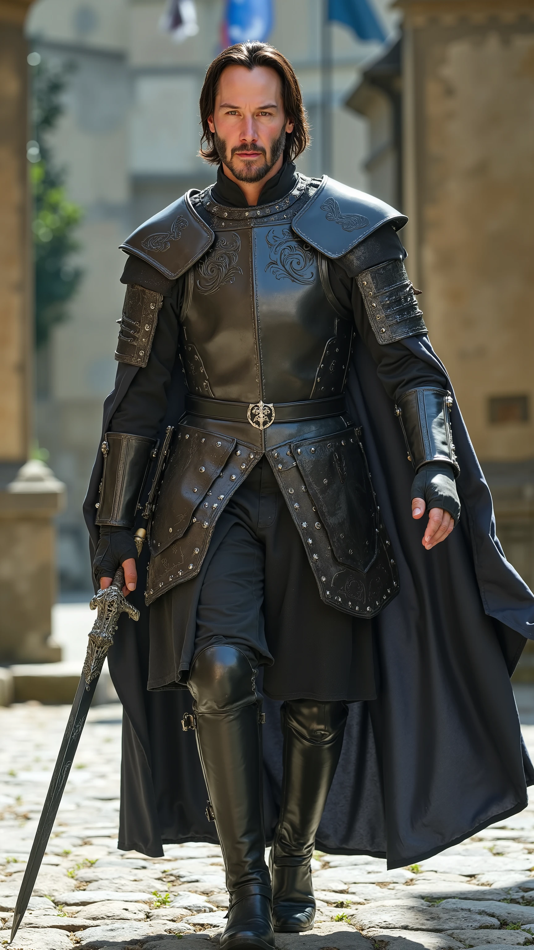 Keanu Reeves reimagined as a knight walking and holding sword、dramatic atmosphere, 1 male、
He has short, dark hair and piercing dark brown eyes beneath furrowed brows.
He wears an elegant, tailored black leather doublet, embroidered with fine silver and dark gray filigree along the seams and chest. Over it rests a polished dark steel breastplate engraved with intricate swirling patterns and edged with silver trim. His shoulders are covered by refined pauldrons with layered steel and engraved details, while his arms are protected by silver-accented vambraces. Black leather gloves, stitched with fine silver thread, extend to his forearms. A wide leather belt adorned with silver buckles and subtle rune engravings secures a deep charcoal leather fauld with overlapping steel segments. Beneath it, he wears fitted black trousers and high leather boots with silver clasps. Draped over his shoulders is a rich dark gray velvet cloak lined with deep blue silk, fastened by a wolf-shaped silver brooch at the collar.
In one hand, he holds a masterfully crafted longsword with a silver-etched hilt wrapped in black leather.
The background depicts a grand stone courtyard surrounded by ancient castle walls, with ivy creeping up the weathered stones. Flags bearing regal symbols flutter in the breeze, and the clear sky casts bright light across the courtyard, illuminating the intricate details of his armor and refined attire. The light brightly illuminates his face and every detail of her clothing
, shows his male character's full figure, athletic body, perfect face, full body, extremely beautiful, male shape, perfect anatomy, photorealistic, masterpiece, realistic, high contrast, 8k, HD, high definition detailed, detailed, hyper detailed, realistic skin texture, best quality, ultra high resolution, hyper realistic, no text, very detailed eyes, impressively bright and dramatic lighting