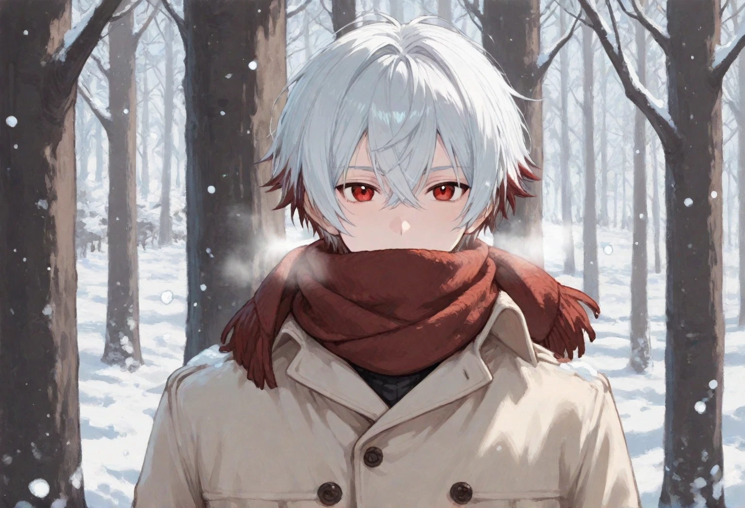 Anime male wearing white thick clothing, white messy hair, white plastic plain cover mask covering whole face, mask having a black symbol