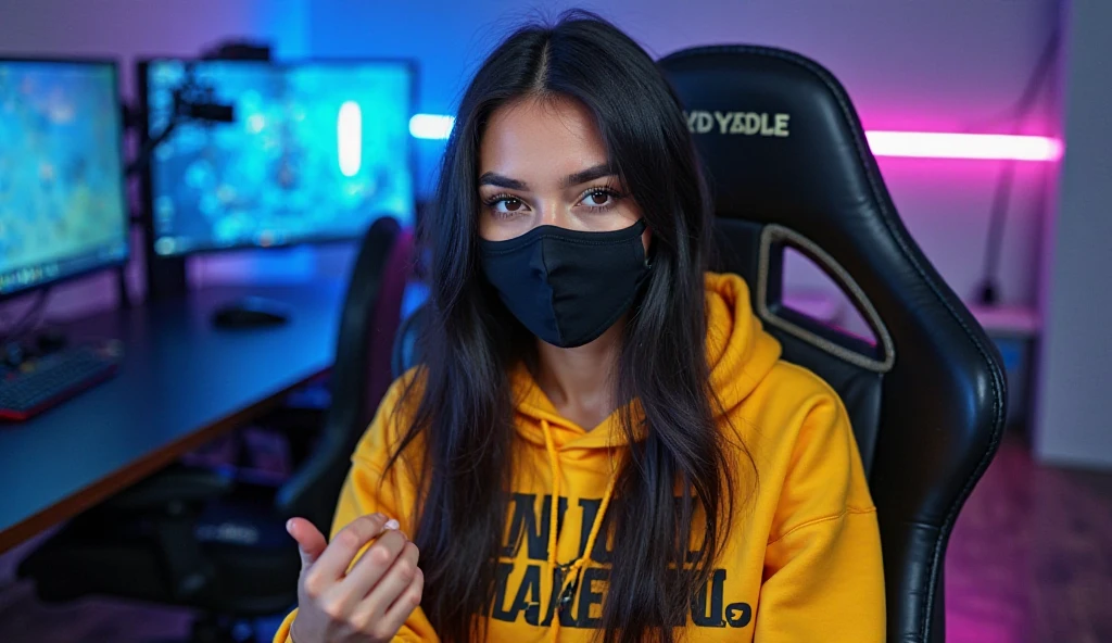 You give me the same woman as to upload an Instagram post of a tremer girl with a super gamer room with a mask