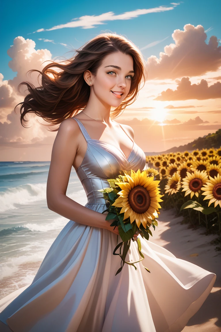 A flat field of sunflowers,The setting sun falls, masterpiece, Best quality, RAW photos, Realistically, Unbelievably ridiculous, Depth of Field, high resolution, Extremely detailed, Fine details, Very detailed, Focus, light,More vivid