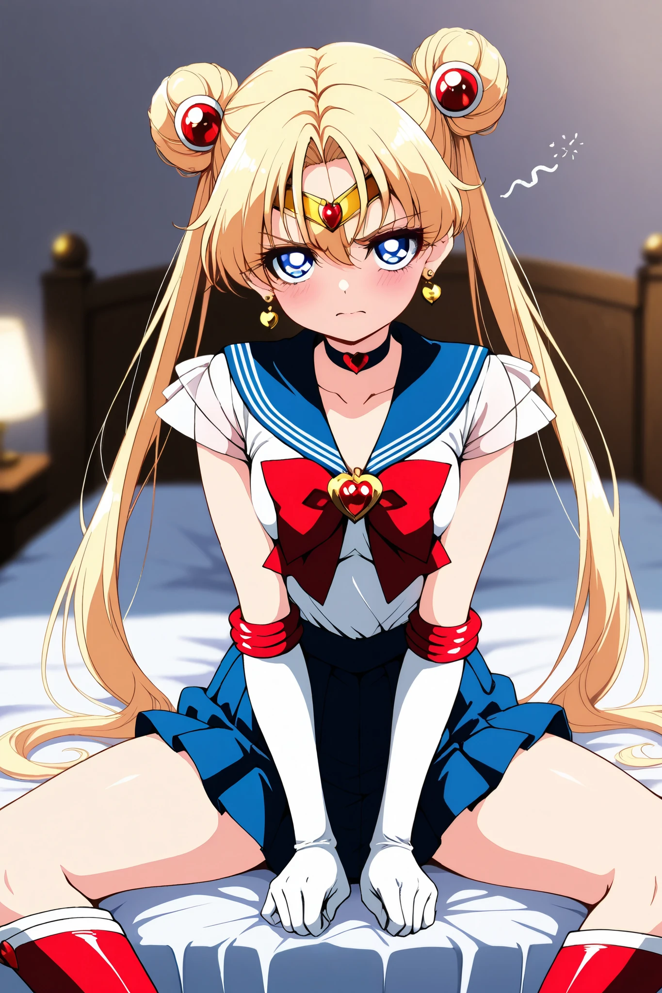 reia_kosu,1 female,solo,pretty,
supersailormoon,
double bun,blonde hair,twintails,
hair between the eyes,
blue eyes,big eyes,drooping eyes,
long eyelashes,sleepy eyes,
dirty panty,
very angry,contempt,discomfort,
front,sitting,spread legs,
midium breast,nipple,looking at viewer,
very embarrassed,
circlet,earrings,choker,bow,gloves,
sailor suits,elbows extended,
navy blue miniskirt,
red thigh-high boots(1.3),
beautiful legs,thin thighs,thin calves,
nallow waist,
perfect face,beautiful skin,
anatomically correct,
beautiful legs,thin thighs,thin calves,
nallow waist,dutch angle,
perfect face,beautiful skin,
anatomically correct,
anime,masterpiece,highest quality,high resolution,
high definition,ultra-detailed,
blurred background,
indoors,on bed,bed room