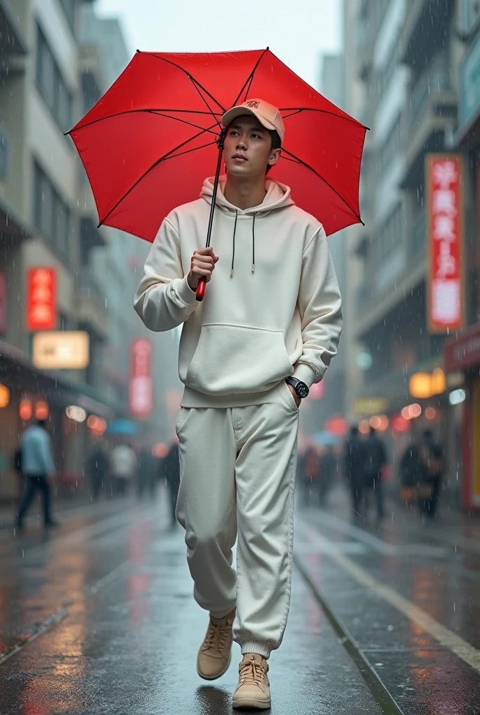 A tall and handsome young Korean man, with white sweatshirt jacket and white sweatpants, and beige sneakers , with beige cap, And closed red umbrella, Going on a street.