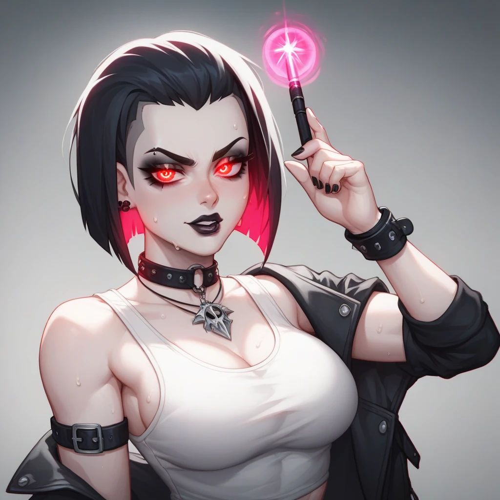Fade_Valorant, 1girl, solo, multicolored hair, piercing, jewelry, black hair, white hair, tattoo, earrings, nose piercing, long hair, two-tone hair, lip piercing, looking at viewer, short hair, blue left eye, red right eye, navel, nipples, nude, pussy, lips, uncensored, gradient hair, makeup, heterochromia, ear piercing, nipple piercing, full body, all_fours <lora:Fade-10:0.8>