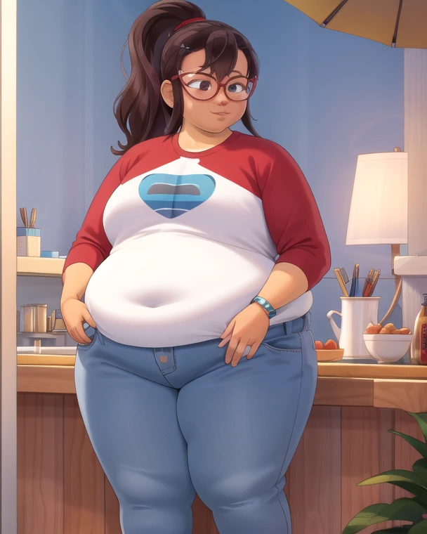 mixed_artwork style, 1 girl, standing alone, hands, beautiful woman, Asian, thick, Hair Straight bangs, long straight hair, hair with blue tips, very light blue eyes, light blue lipstick, E-girl, long black blouse, long striped socks, big glasses, freckles, face piercing,, black skin, Chubby, realistic, textures, 8K, perfect hand, perfect anatomy, visible curves, Breasts, In the room Gamer