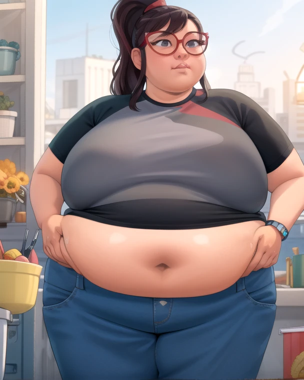 Tan skin all over, Thicc, extremely morbidly obese, brown hair ((wearing)), black 50s glasses, white tanktop, black leggings, voluptuous, feminine boy, femboy, perfect hands, perfect face, smile, (anatomically correct), (Perfect/ realistic proportions:1.2), (overwhelmingly fat arms, obese face), arm up, ((extremely widest hips possible!)), ((extremely massive thick thighs, morbidly large belly), belly overhang!)), (1080P, 4k UHD, Masterpiece:2.1!) ((single)), background: tilted towers_fortnite