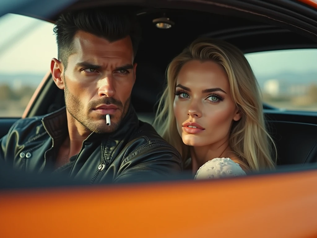 A couple inside a car, the woman with very short white hair, light brown skin with violet eyes and thin wearing a red dress, and a man with a black dress shirt and very strong, defined arms holding the steering wheel, the man has a dragon tattoo on his neck and dark, slightly long hair, white man without a beard