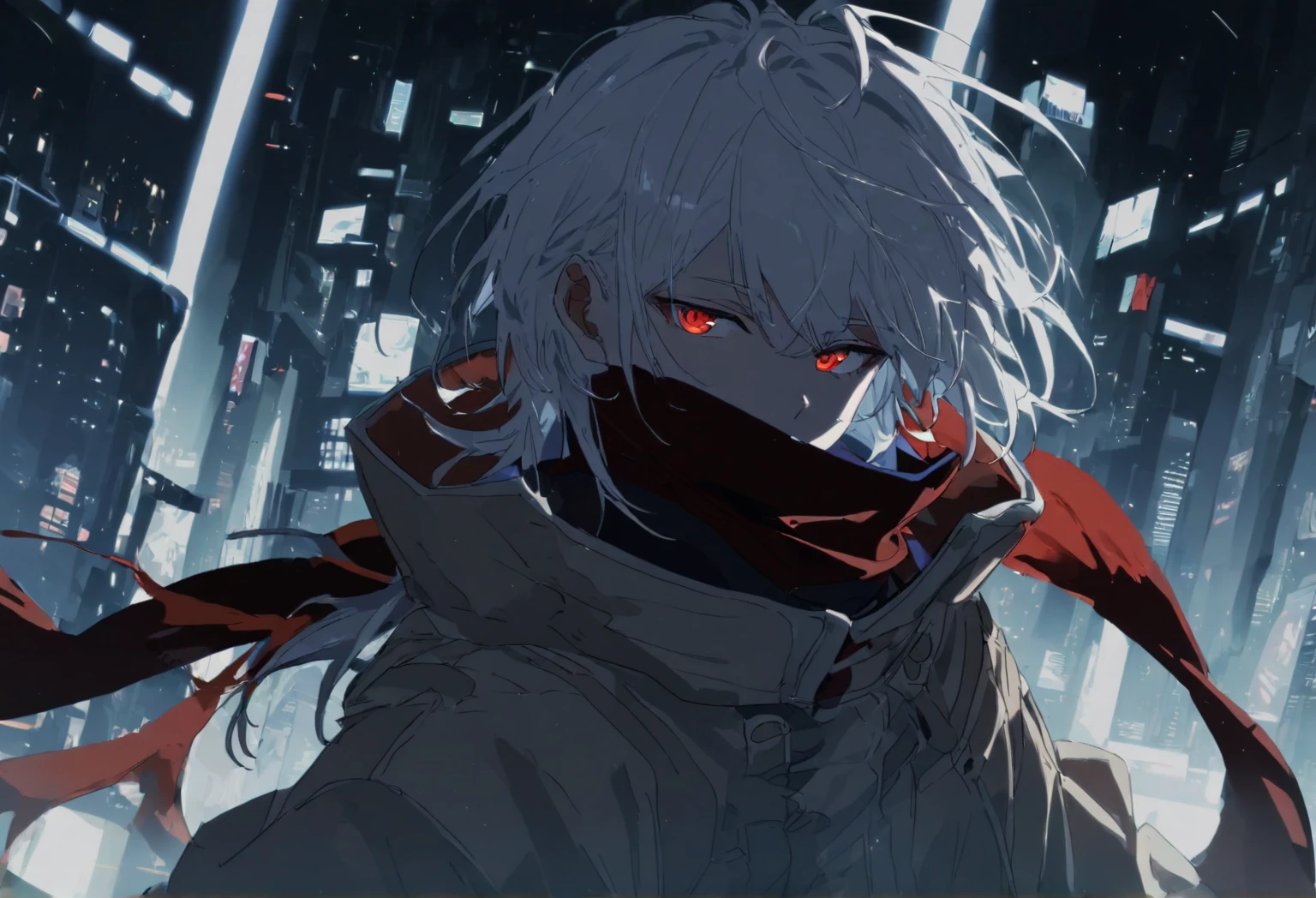 kk, best quality, more details, masterpiece, 1boy, portrait, male focus, red eyes, solo, bangs, looking at viewer, hood, short hair, rain, soaking wet body, Tokyo \(city\), hood up, nail polish, white hair, luxurious, 8k, detailed, ray tracing, depth of field, cinematic lighting, looking back
