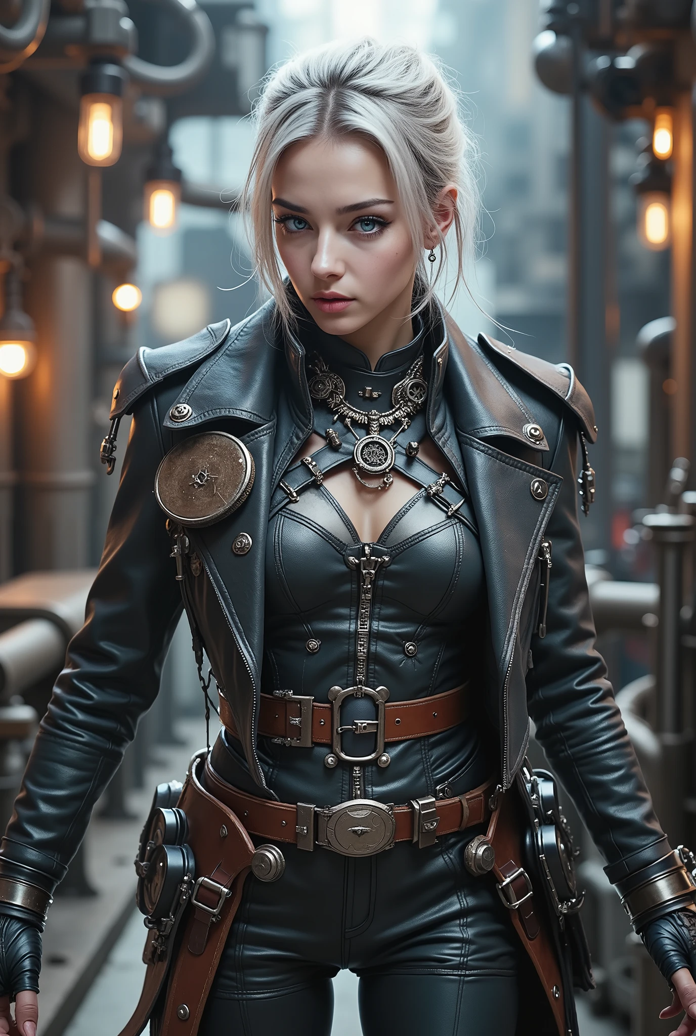 blond short haired woman, A silver-haired girl in leather clothes posing in an industrial setting, dieselpunk armor, sci-fi steampunk, A beautiful silver short-haired girl, Steampunk fantasy style, steampunk warrior, steampunk armor, dieselpunk female warrior, 8k 3D, young girl in steampunk costume, A character in a Victorian steampunk style costume, Leather strap , and steam power unit..배경에는 gear와 시계 기계가 특징일 수 있습니다, Steam rising in the air. Young woman in military uniform, wearing a military uniform ( realistic), (Post apocalyptic girl:1.2), Full body view, ( Looking at the camera :1.1), Delicate European features, ((Aiming at steampunk city in background)), , wears a, Ilford Delta 400, Ultra High Definition Picture , cinematic lighting , soft focus, high resolution, Vivid skin, detailed snow, (Steampunk fashion:1.2), 기계 gear, ( high-tech :1.1), futuristic atmosphere dark mascara for women with bright skin and short hair, deep makeup, Warhammer 40,add leather armor to her in the Warhammer 40, 긴 코트와 boots를 착용하고 있습니다. (Characteristics of the 1880s, highlight a multi-layer, corset, HOODIE, boots, gear,) 작고 young face에 하얀 피부를 가진 아름다운 한국 아름다운 한국 아이돌 15세 소녀 유선형의 미학을 강조하는 캐릭터입니다. A sexy -yeld giwith medium breasts , beautiful face , Very cool, beautiful face , pale skin, Parts , blue eyes, Full and Sparkling Lips , light pink lip gloss , mask, information thighs, , , information, innocent look, young face, Perfect Eyes , very detailed snow, Highly detailed dynamic lighting with only key parts covered , detailed snow , 35mm photo , movie, Bokeh, professional, 4K, I'm sitting in a bedroom with highly detailed dynamic lighting , Photorealistic, 8k, Raw, Rico, Intricate Details , (Leather Waistband)( leather armor)(leather coat )